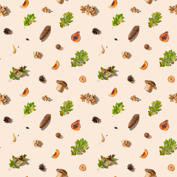 Seamless autumn pattern. Oak leaf, nut, mushroom, dried linden blossom, cone, rose hip, hydrangea, dried apple, dried pear on a beige background. Sustainable Holidays. Green living