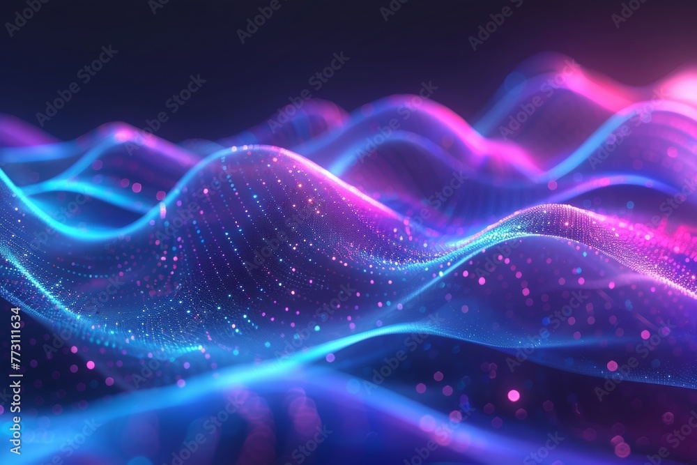 Poster digital technology background featuring smooth wavy blue and purple lines in abstract curved pattern
