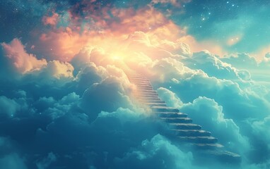 Surreal depiction of a spiral stairway disappearing into a celestial realm, symbolizing the exploration of uncharted territories of the mind - obrazy, fototapety, plakaty