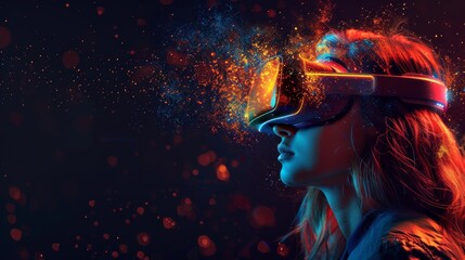 A woman with virtual reality goggles explores a digital realm, encountering advanced AI technology and immersive online interactions within the evolving metaverse landscape. - obrazy, fototapety, plakaty
