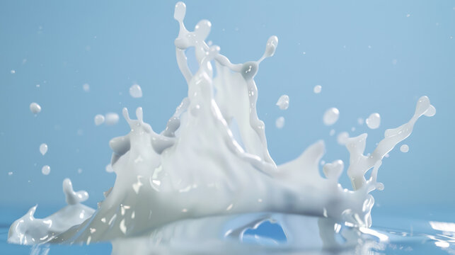 Milk splashes dynamically against a blue background, creating a crown-like shape and droplets in the air.