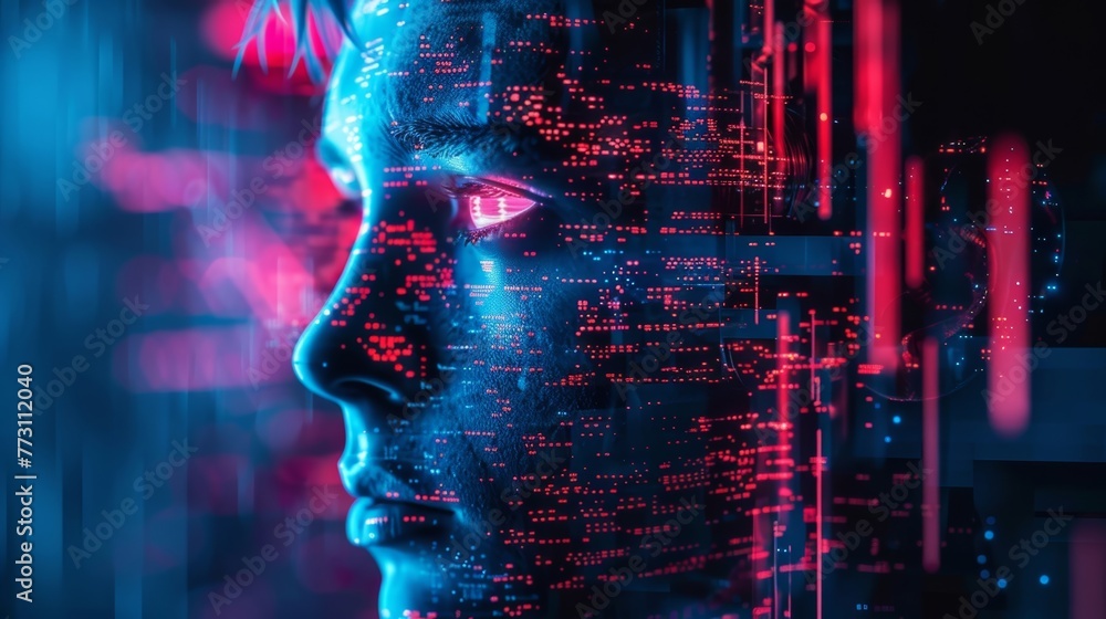 Poster create a glitched portrait of david in a cyberpunk aesthetic, showcasing the intersection of ai, vr,