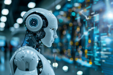 Robot in futuristic setting, cyborg, science, machinery