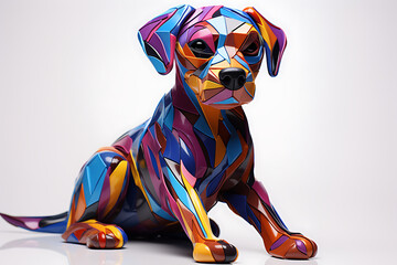3D rendered abstract dog, multicoloured geometric shapes, white background