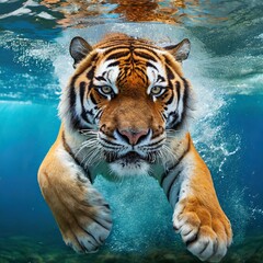 Tiger swimming underwater towards his prey. 