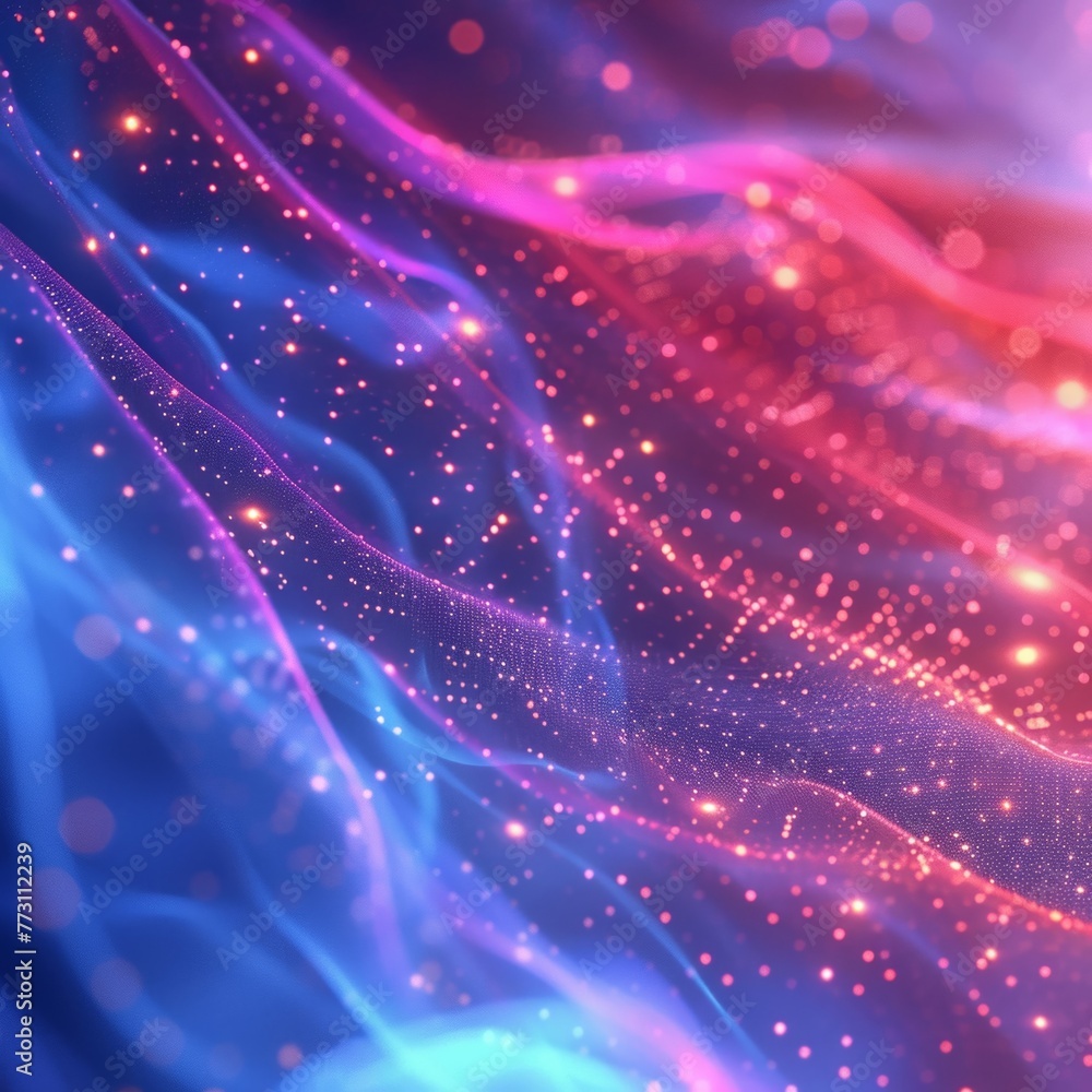 Poster the vibrant blue and pink backdrop is adorned with numerous intricate patterns of lines and dots, cr