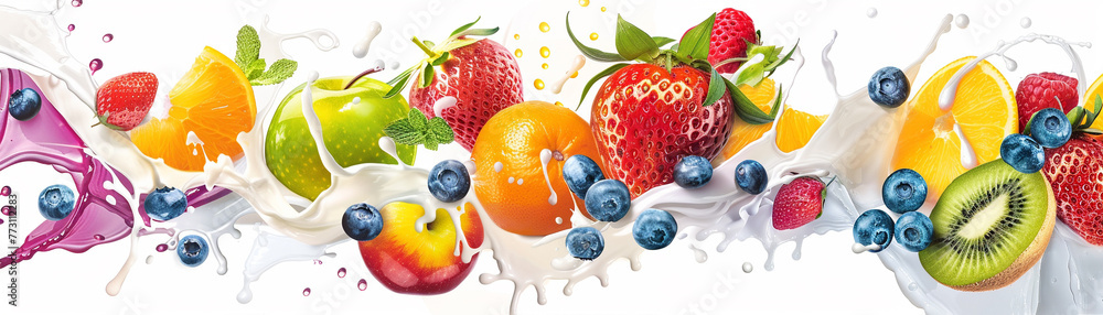Wall mural Create a vibrant and energetic artwork featuring a mix of various colorful fruits surrounded by a dynamic milk splash - Wall murals