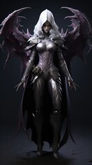 Fototapeta premium the devil girl with long hair and black wings and black dress with horror expressions
