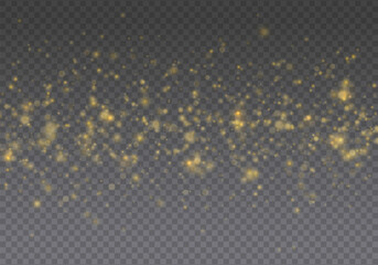 Christmas Abstract stylish light effect on transparent background. Yellow dust yellow sparks, golden stars shine with special light. Sparkling magic dust particles. Christmas abstract vector pattern - obrazy, fototapety, plakaty