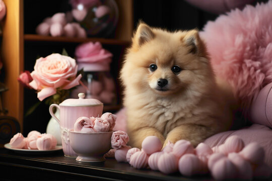 A charming and fluffy Chow Chow puppy in a soft and elegant pink setting, exuding cuteness in every detail.