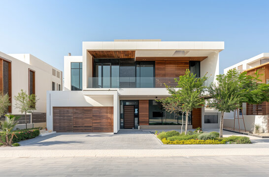 front view of a modern villa in Dubai, a two storey white house with wooden elements and a wooden balcony, a small car park near the entrance, lush green plants around it