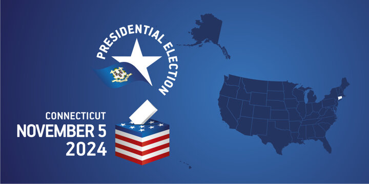 USA Presidential election November 5, 2024. Voting Day 2024 in Connecticut. USA elections 2024. Connecticut flag USA stars with USA flag, map, ballot box and ballot on blue background