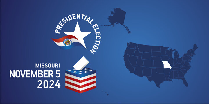 USA Presidential election November 5, 2024. Voting Day 2024 in Missouri. USA elections 2024. Missouri flag USA stars with USA flag, map, ballot box and ballot on blue background