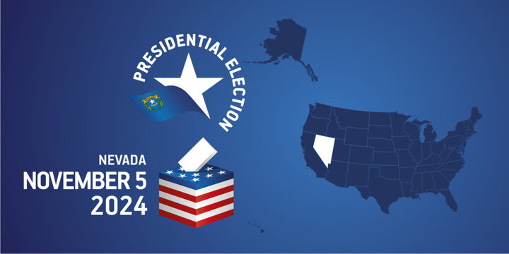 USA Presidential election November 5, 2024. Voting Day 2024 in Nevada. USA elections 2024. Nevada flag USA stars with USA flag, map, ballot box and ballot on blue background