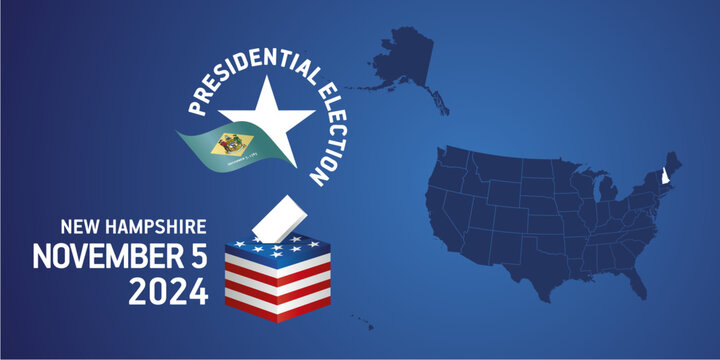 USA Presidential election November 5, 2024. Voting Day 2024 in New Hampshire. USA elections 2024. New Hampshire flag USA stars with USA flag, map, ballot box and ballot on blue background
