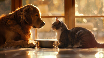 A dog and cat sit side by side near a food bowl.