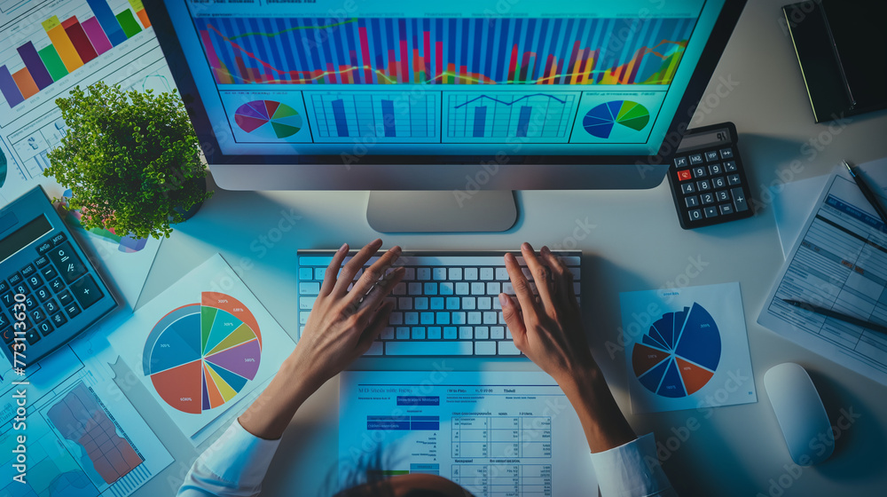 Poster close-up of a financial analyst's hands typing on a keyboard, surrounded by colorful graphs and fina