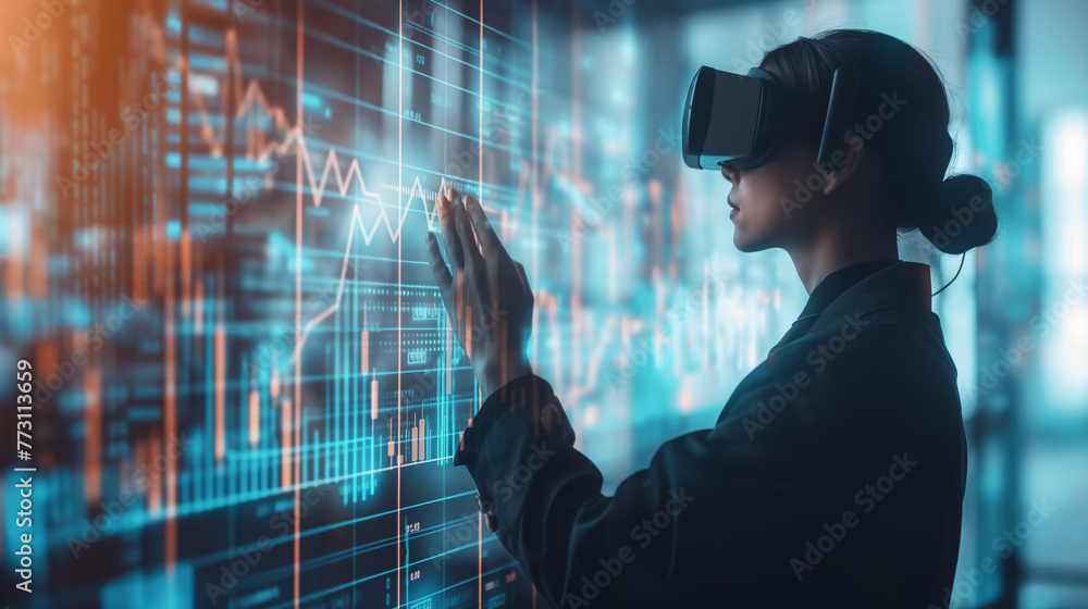 Poster an image showcasing an analyst using virtual reality equipment to navigate and analyze 3d market tre