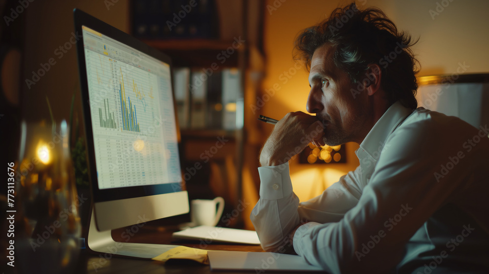 Poster a pensive financial analyst reviewing a complex spreadsheet on a computer, taking notes on a pad, th