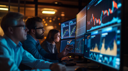 A collaborative session in progress, with financial experts analyzing live market feeds on a large monitor, the ambient light reflecting their focused expressions and the dynamic f