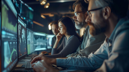 A focused group analyzing complex data sets on multiple screens, the seriousness of their task highlighted by the soft shadows and the concentration evident in their postures, with