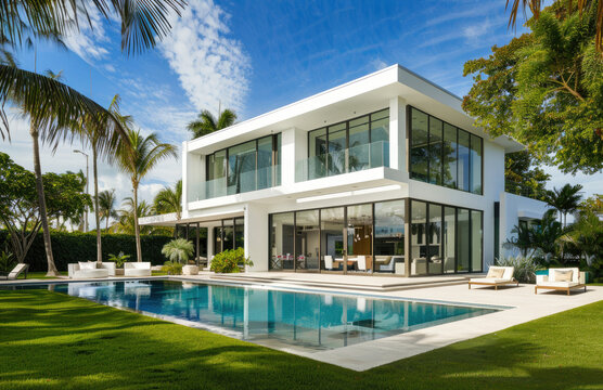 A wide angle photo shows the front view of a modern Bali style villa with a pool. Light wooden accents and white walls decorate the villa