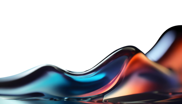 Abstract liquid glass shape with colorful reflections. Ribbon of curved water with glossy color wavy fluid motion. Chromatic dispersion flying and thin film spectral effect.