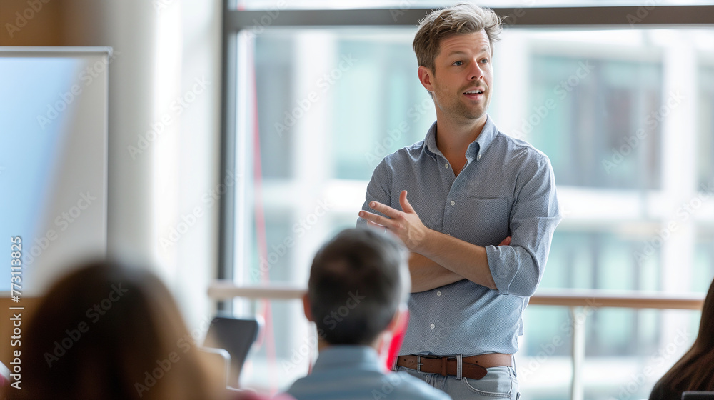 Poster an image of an analyst standing and asking a question during a q&a session at a financial seminar, t