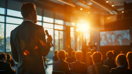 An image of an analyst standing and asking a question during a Q&A session at a financial seminar, the room bathed in natural light, highlighting engagement and the exchange of ide - obrazy, fototapety, plakaty