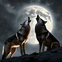 Two wolves howling together under a full moon, 
