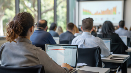 A panoramic view of a financial analyst workshop, attendees engaged with interactive financial modeling software on their laptops, the environment filled with natural light and the