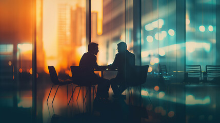 A one-on-one mentoring session in a quiet corner of a conference hall, a seasoned financial analyst guiding a younger colleague through intricate market data, their discussion illu - obrazy, fototapety, plakaty