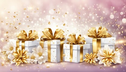 Gift boxes with golden bows on bokeh background. AI generated