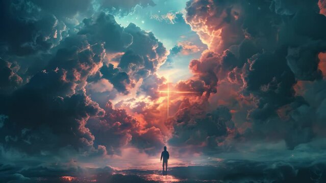Silhouette of person praying to GOD in front of majestic clouds with glowing cross 