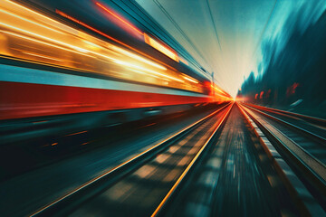Fototapeta na wymiar High speed train overtaking, utilizing rear curtain sync for dynamic motion effect.