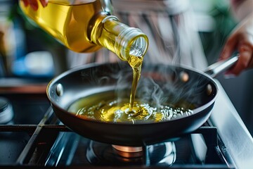 A woman pours vegetable oil from a bottle into a frying pan on the stove. generative ai - obrazy, fototapety, plakaty