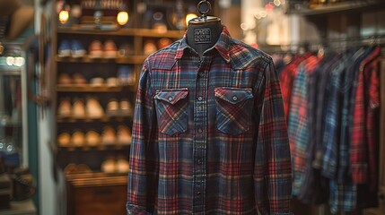 Immerse yourself in the rustic charm of a flannel shirt, its cozy fabric captured in rich detail against a backdrop of warmth and comfort. - obrazy, fototapety, plakaty