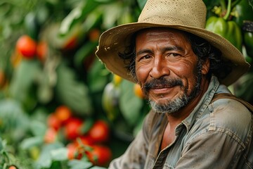 Latin Hispanic smiling male farmer working in the fields, portrait, nice weather