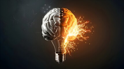 Creative Idea Embodied in a Powerful Glowing Brain-Light Bulb Hybrid - obrazy, fototapety, plakaty