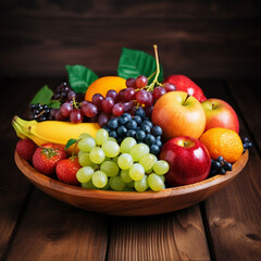 A round wooden plate of fruit with a bunch of grapes and oranges