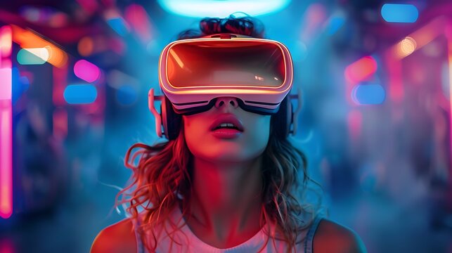  Young Woman in VR glasses futuristic Gaming entertainment concept background AI generated - Powered by Adobe