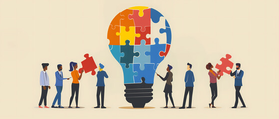 Creative team collaboratively assembling puzzle pieces into light bulb idea concept