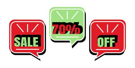 70% off. Sale. Three speech bubbles in red and green colors.