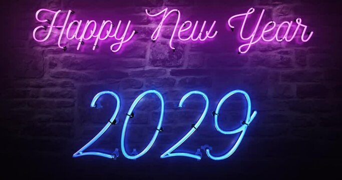 Bright Pink Neon sign that says Happy New Year 2029 the sign turns on with amazing flashing flickering effects, then after 30 seconds it flashes on and off and can also be looped.