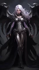 Fotobehang girl devil in the hood with horns, long white hair, and large black wings, with bleeding purple eyes, armor dressed, and angry expressions on her face, character fantasy, the devil women © Muhammad Hammad Zia