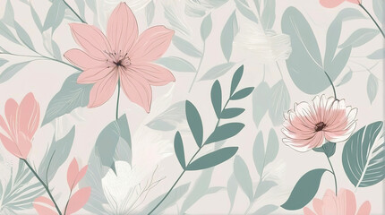 Seamless pattern with flowers and leaves in pastel colors.