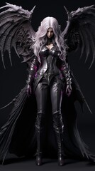 Fototapeta premium girl devil in the hood with horns, long white hair, and large black wings, with bleeding purple eyes, armor dressed, and angry expressions on her face, character fantasy, the devil women