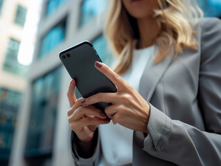 AI Generated businesswoman is using a smartphone and focus on it.