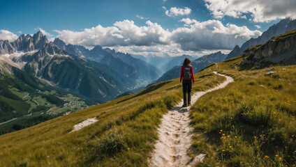 Ragazza cammina durante un trekking estivo in montagna su un sentiero delle Alpi - obrazy, fototapety, plakaty