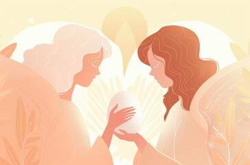 A simple illustration of an angel giving Mary, mother of Jesus, an egg with white color. - obrazy, fototapety, plakaty